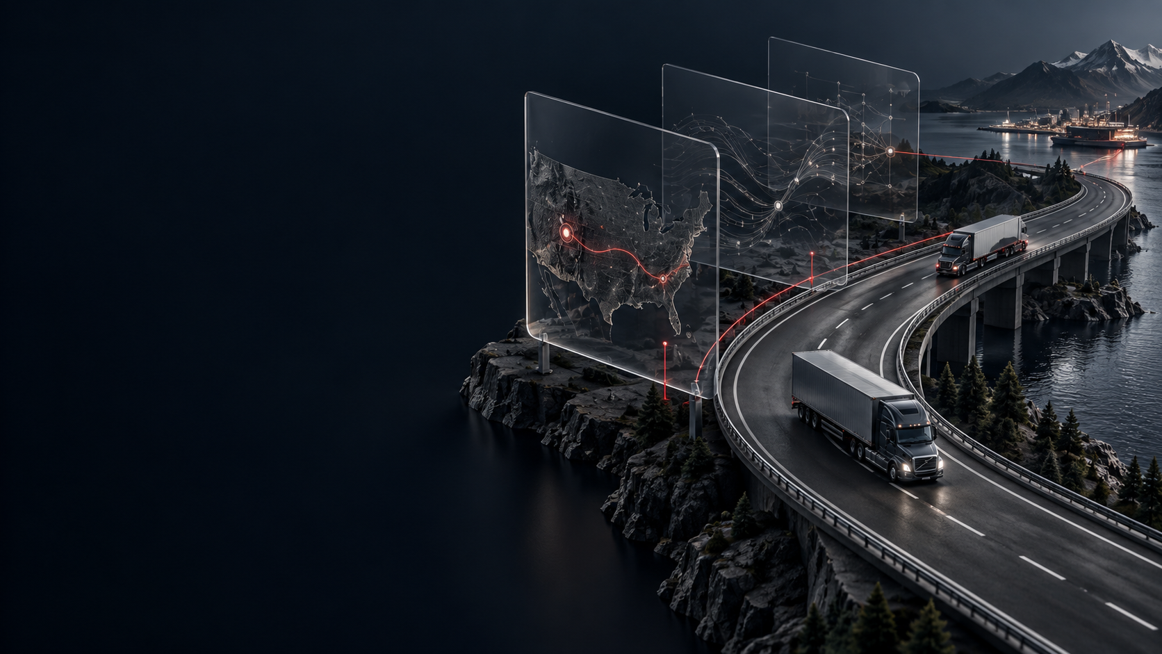 Conceptual freight landscape connecting trucks in transit with transparent layers of intelligence and evidence