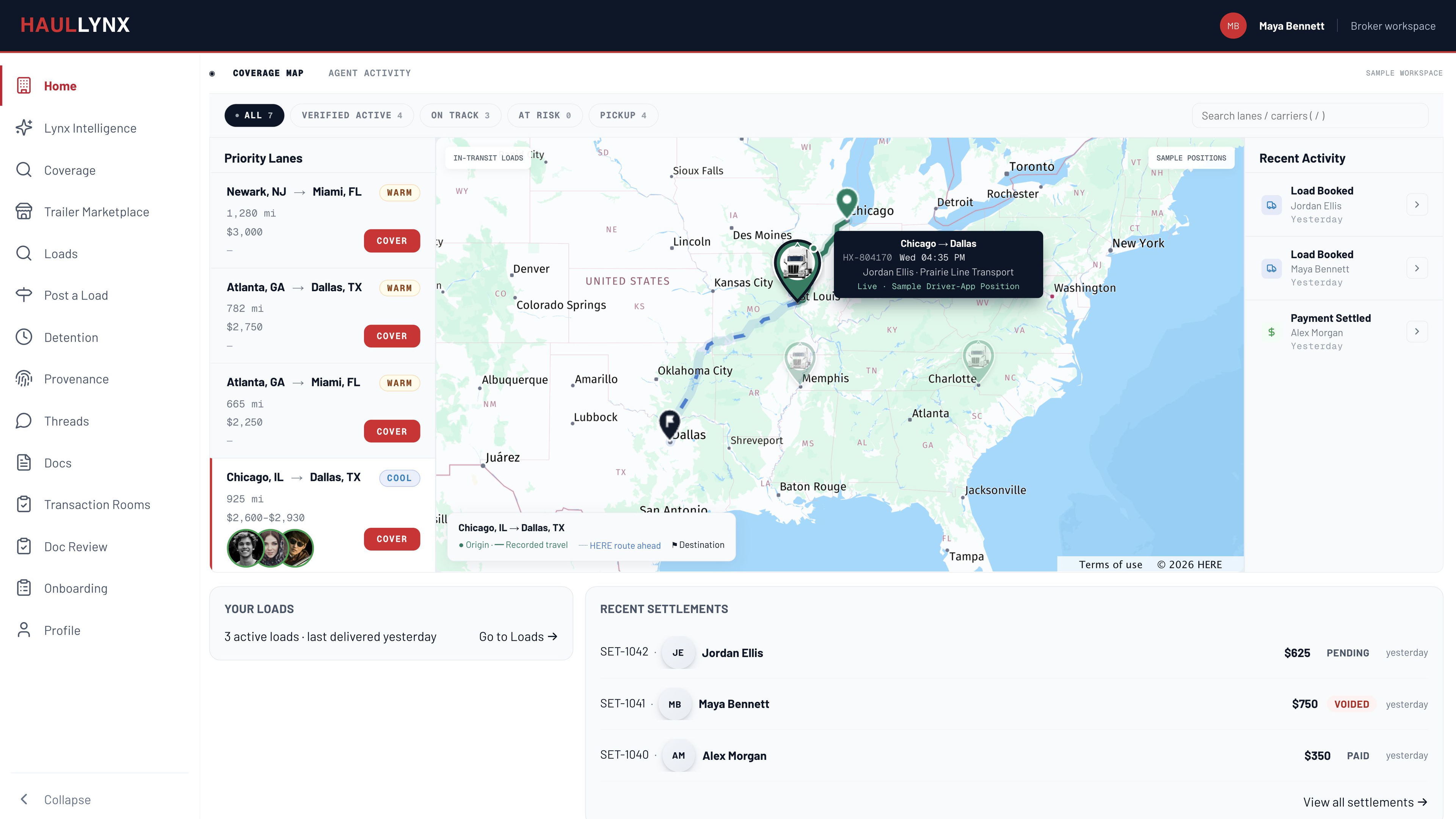 HaulLynx broker workspace with sample carrier portraits, priority lanes, shared Fleet truck-image markers on the HERE map, origin and destination pins, recorded sample travel, the projected route ahead, and a hover card showing the load, ETA, driver, carrier and tracking source; activity and settlements below